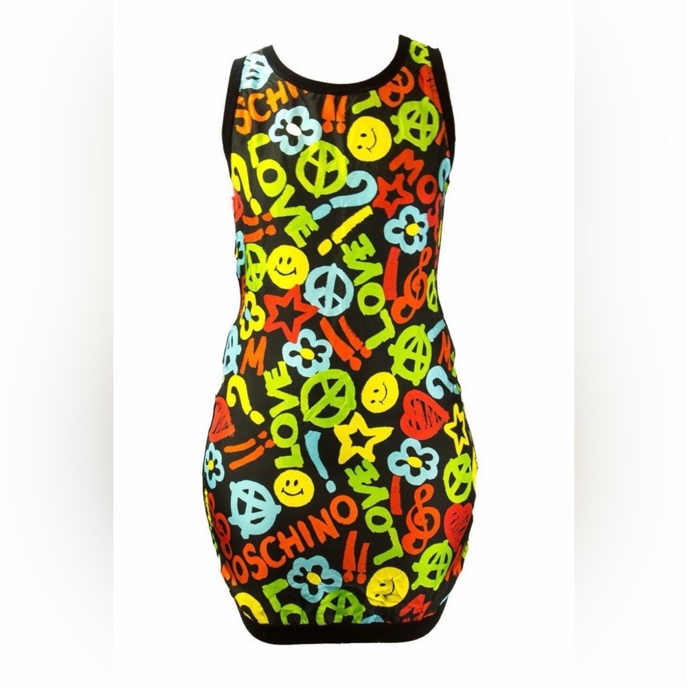 Moschino couture multi color graffiti Sleeveless mini dress MSRP $1398